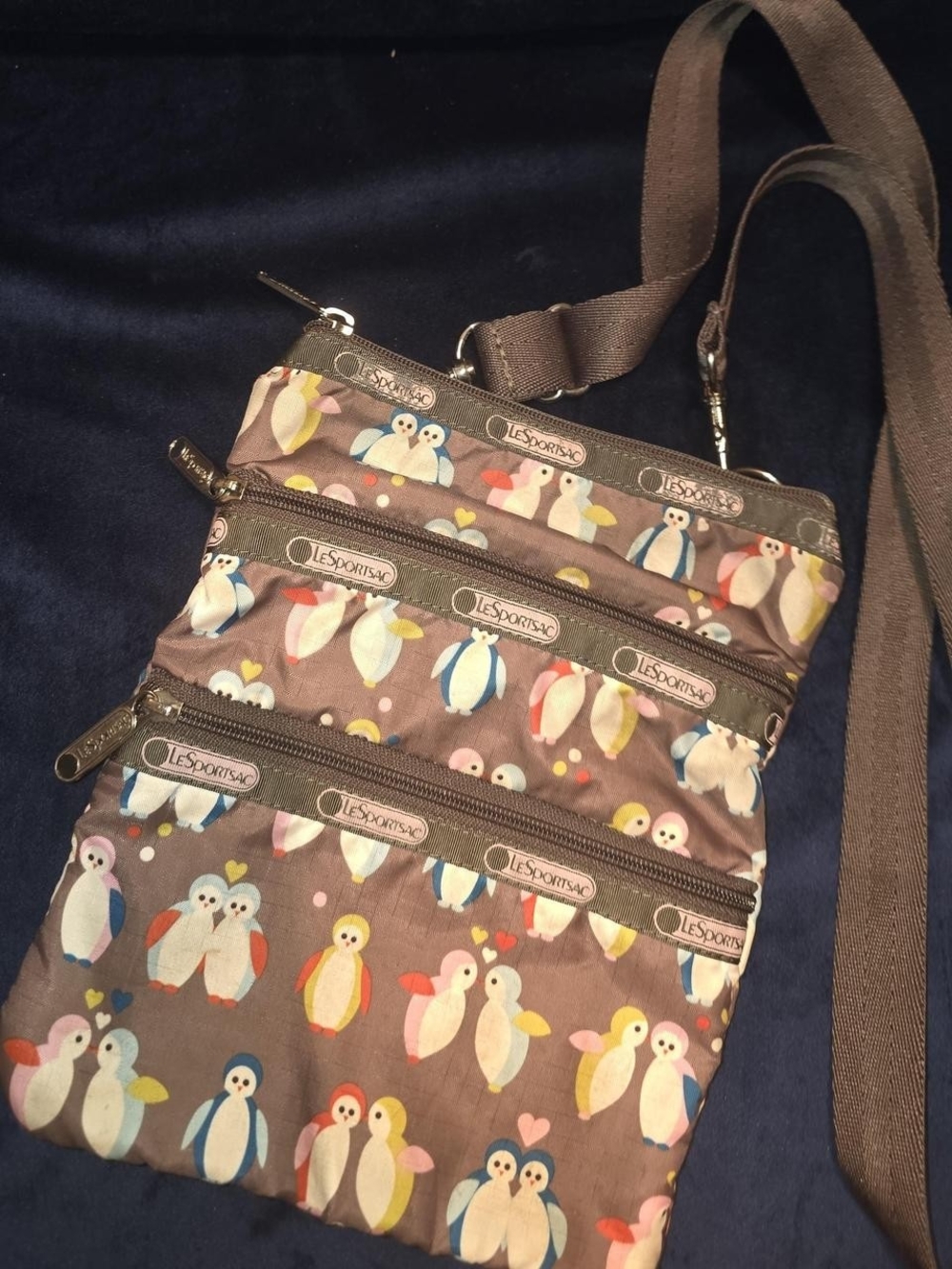 LeSportsac Brown Crossbody Bag with Colorful Penguin Pattern